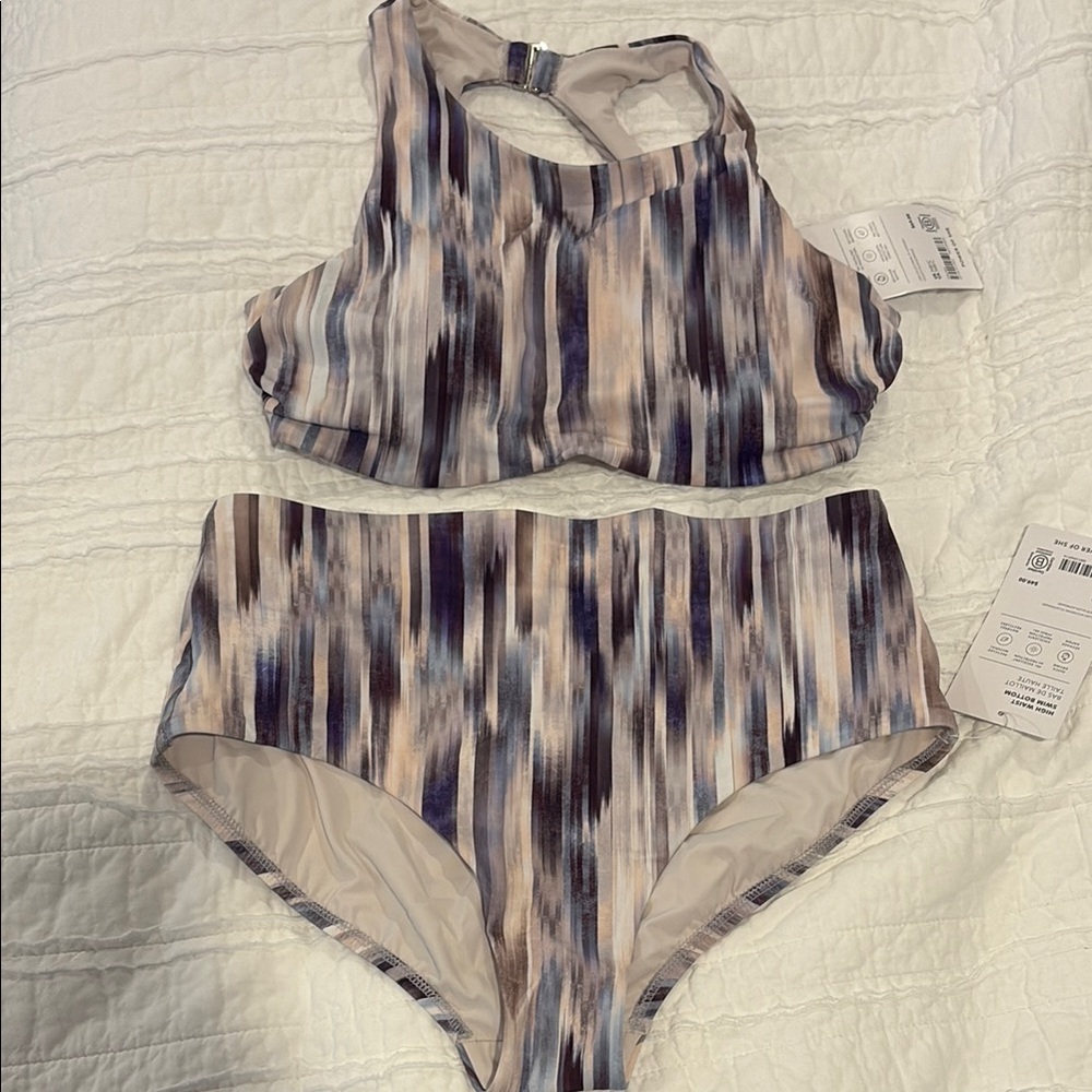 Athleta Striped High-Neck Bikini Set in Blue, Beige, Gray